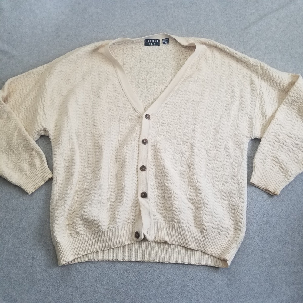 Vintage‎ Trader Bay Cardigan Mens Extra Large Cream Knit Made in USA 90s Sweater